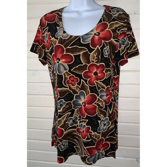 VTG Janana’s Sz ?? (See Meas) Red Khaki Floral Slinky Pullover Tunic Stretch EUC - Picture 2 of 8